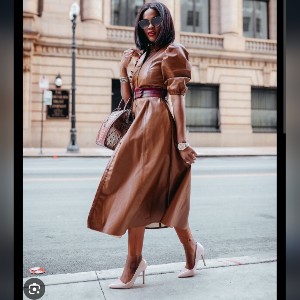 Zara faux leather pu puff sleeve button midi dress brown
